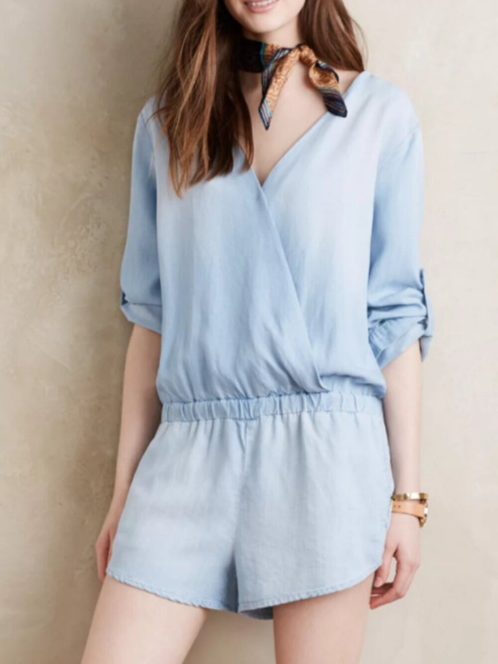 Anthropologie Cloth & Stone Light Blue Long Sleeve Surplice Chambray Romper - XS